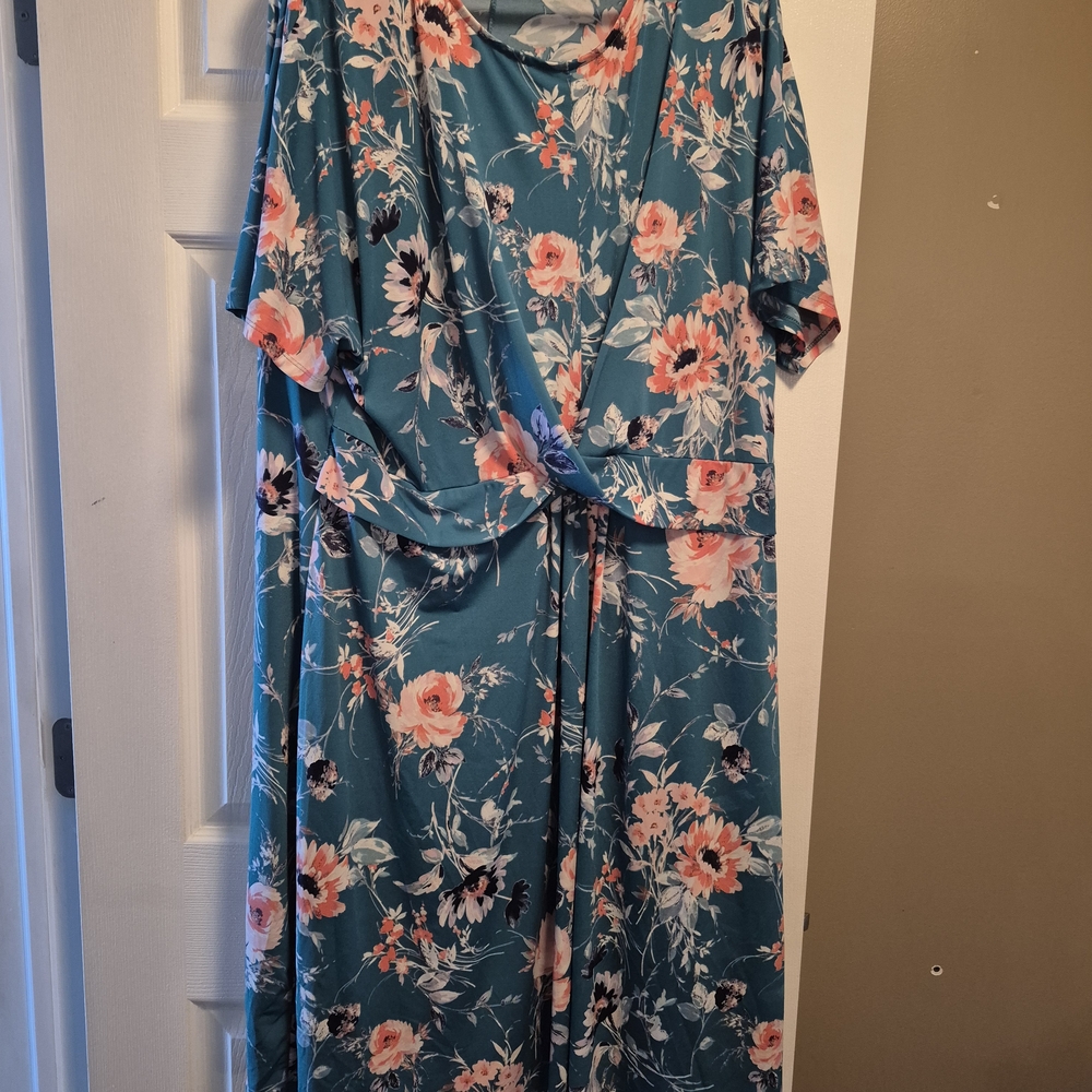 Roaman's Teal Dress with Floral Design